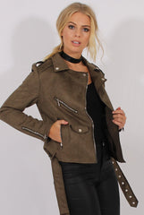 Khaki Suede Belted Biker Jacket - Marcy