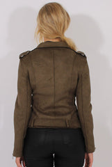 Khaki Suede Belted Biker Jacket - Marcy