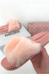 Pink Fluffy Faux Fur Studded Sole Sliders -Margy