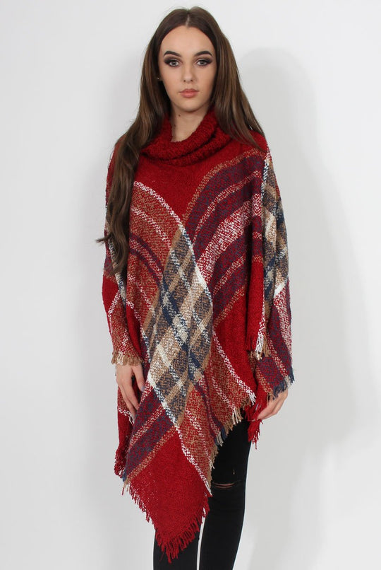 Maria Red Knitted Roll Neck Poncho