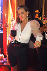 White Zip Front Sheer Puff Sleeves Bodysuit - Vylet