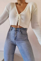 Cream Front Tie Knit Cardigan Top - Paloma