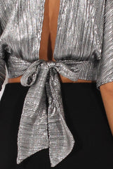 Silver Metallic Pleated Open Back Crop Top - Mariah