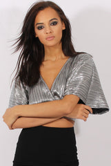 Silver Metallic Pleated Open Back Crop Top - Mariah