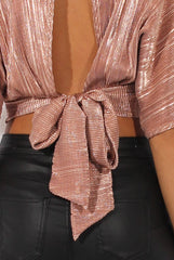 Bronze Metallic Pleated Open Back Crop Top - Mariah