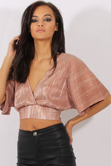Bronze Metallic Pleated Open Back Crop Top - Mariah