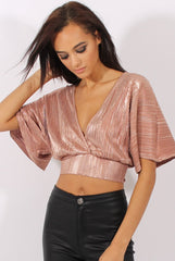 Bronze Metallic Pleated Open Back Crop Top - Mariah