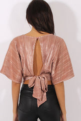 Bronze Metallic Pleated Open Back Crop Top - Mariah
