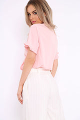 Pink Ruffle Sleeve Tie Front Shirt - Mariana