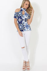 Blue Cold Shoulder High Neck Top - Marie