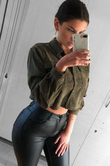 Khaki Corduroy Utility Pocket Cropped Shirt - Eliora