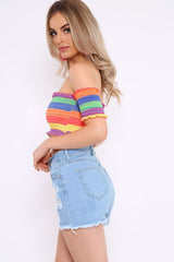 Rainbow Stripe Bardot Frill Shirred Crop Top - Marieta