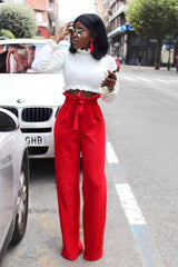 Red Paper Bag Tie Waist Wide Leg Trousers - Kennedy