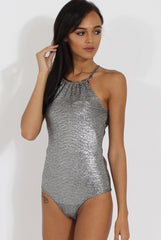 Silver Metallic Necklet Detail Bodysuit - Marilyn