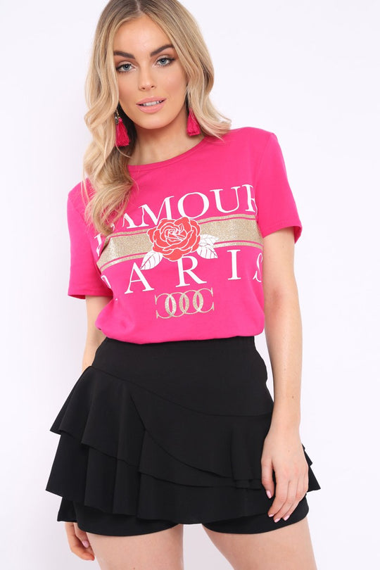 Fuchsia L'amour Paris Rose Slogan T-shirt - Marissa