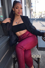 Wine Belted Croc Print Tapered Trousers - Aasia