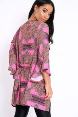 Pink Paisley Print Flare Sleeves Kimono - Marley