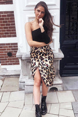 Leopard Wrap Tie Side Satin Midi Skirt - Mailah