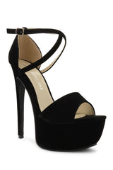 Black Suede Cross Over Strap Platform Heels - Martha