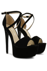 Black Suede Cross Over Strap Platform Heels - Martha
