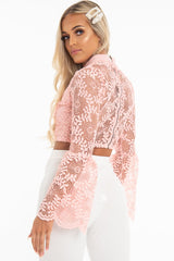 Pink Crochet Lace Bell Sleeve Crop Top - Taylor