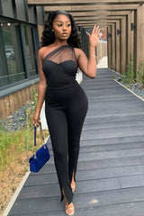 Black Polka Mesh Corset One Shoulder Bodysuit - Carrie