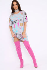 Grey Distressed Paint Splatter T-Shirt Dress - Masa