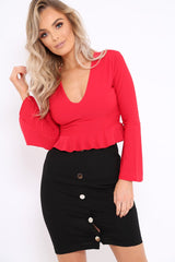 Red Plunge Flare Sleeve Crop Top with Frill Hem - Masie