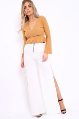 Camel Plunge Flare Sleeve Crop Top with Frill Hem - Masie