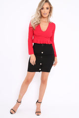 Red Plunge Flare Sleeve Crop Top with Frill Hem - Masie