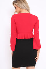 Red Plunge Flare Sleeve Crop Top with Frill Hem - Masie