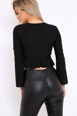 Black Plunge Flare Sleeve Crop Top with Frill Hem - Masie