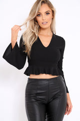 Black Plunge Flare Sleeve Crop Top with Frill Hem - Masie