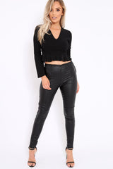 Black Plunge Flare Sleeve Crop Top with Frill Hem - Masie