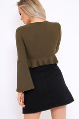 Khaki Plunge Flare Sleeve Crop Top with Frill Hem - Masie