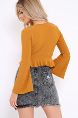 Mustard Plunge Flare Sleeve Crop Top with Frill Hem - Masie