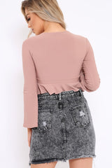 Rose Plunge Flare Sleeve Crop Top with Frill Hem - Masie