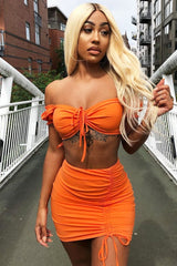 Orange Ruched Bow Tie Crop Top Skirt Co-ord - Chasity
