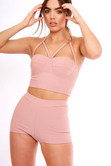 Mauve Ribbed Bustier Crop Top & Shorts Co-ord Set - Olivia