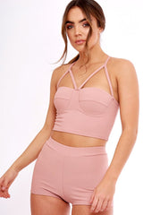 Mauve Ribbed Bustier Crop Top & Shorts Co-ord Set - Olivia
