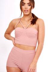 Mauve Ribbed Bustier Crop Top & Shorts Co-ord Set - Olivia