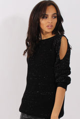 Black Sparkle Knitted Cold Shoulder Jumper - May