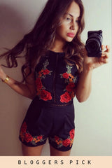 Black Embroidered High Neck Playsuit - Maya