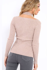Beige Choker Twist Knit Jumper - Maya