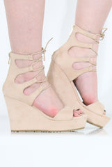 Beige Suede Tie Up Wedges - Magna
