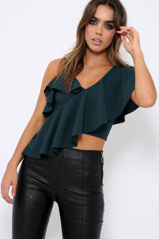 Green One Shouldered Frill Top - Maysa