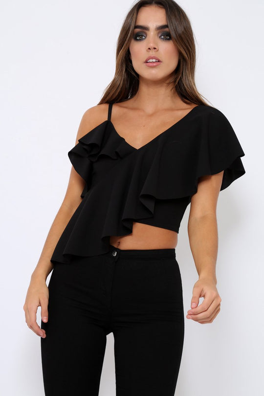 Black One Shouldered Frill Top - Maysa