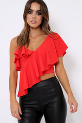 Red One Shouldered Frill Top - Maysa