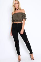 Khaki Ribbed Frill Gypsy Top - Maysia
