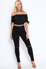 Black Ribbed Frill Gypsy Top - Maysia